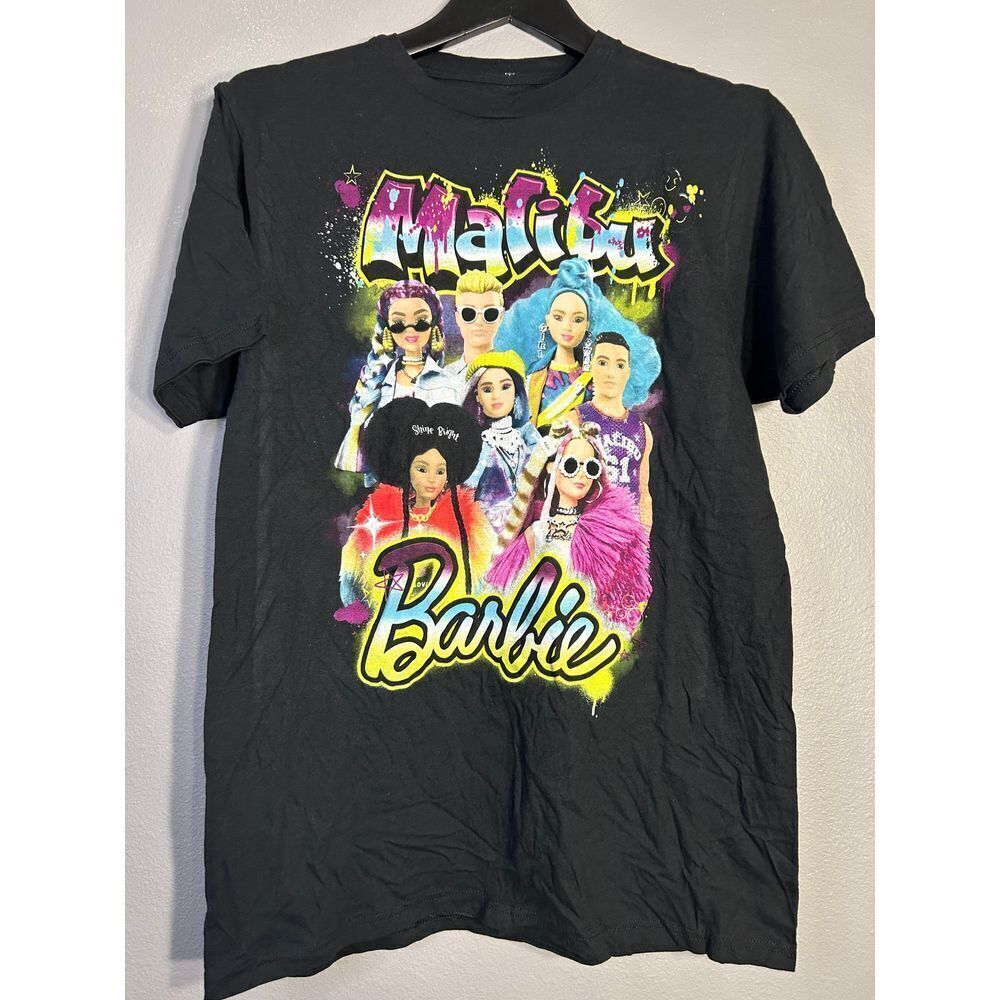 Barbie Movie Graphic T-Shirt Colorful Character Print Black Cotton M